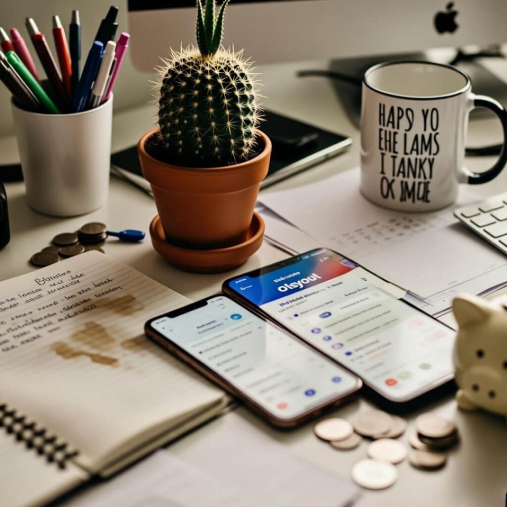 Cluttered desk with phones, cactus, and funny mug