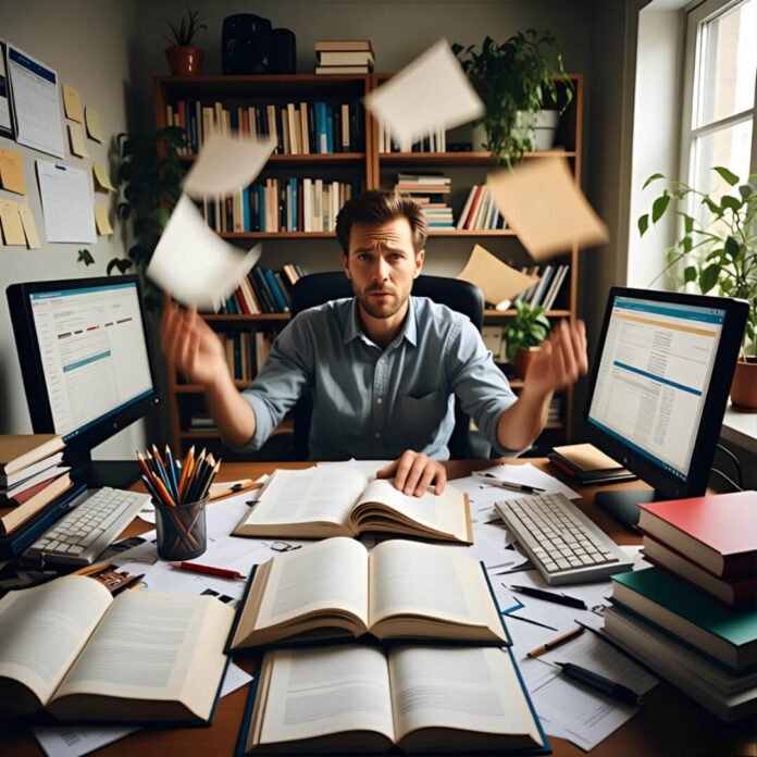 Cluttered desk chaos while juggling personal finances.