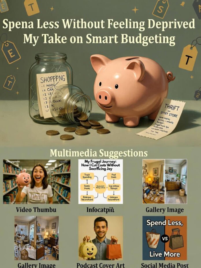 a classic pink piggy bank smiling despite a few coins spilling out, a crumpled but satisfying thrift store receipt showing huge savings,