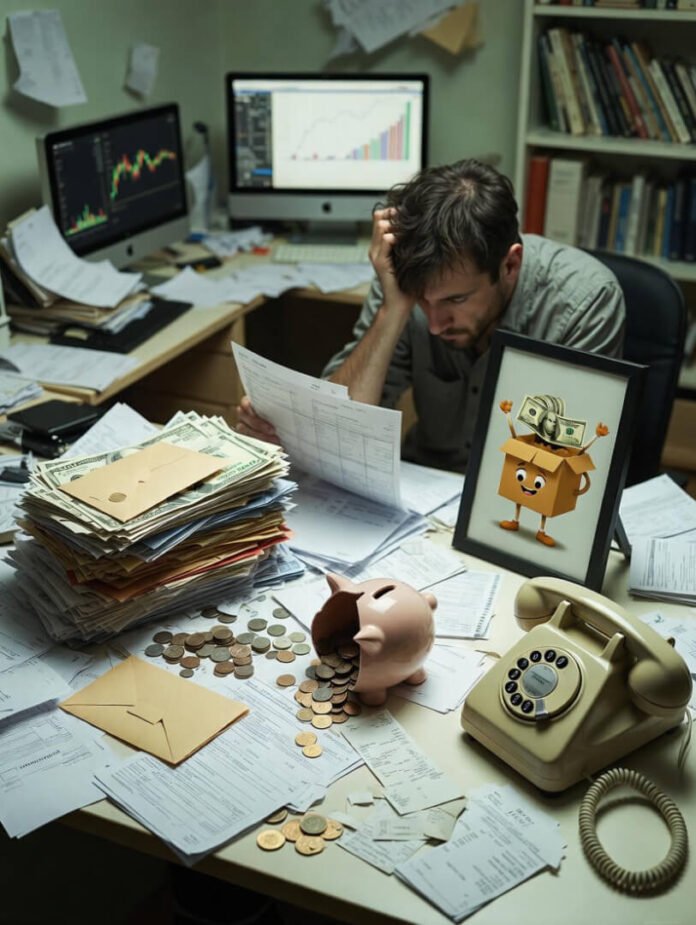 a cracked piggy bank leaking coins onto a pile of overdue bills, a laptop open to a subscription cancellation page,