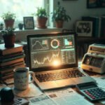 Earn Edge Ideas That Actually Pay in 2025 a cluttered desk overflowing with notes and receipts, a laptop screen glowing with upward-trending financial graphs,