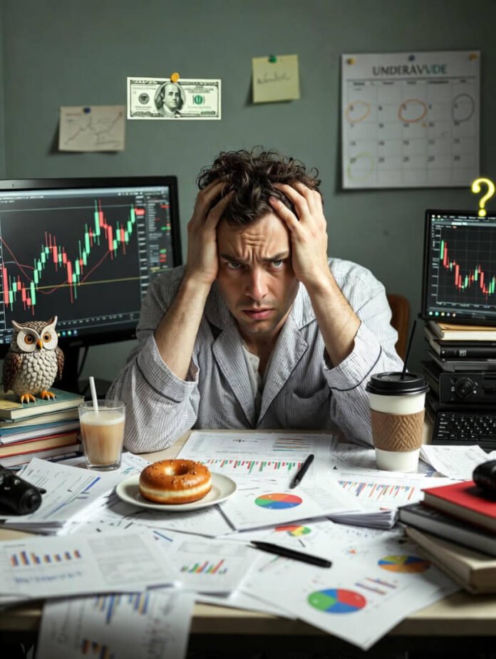 a cluttered home desk buried in mutual fund statements and colorful stock charts, a half-eaten glazed donut next to a steaming coffee mug,