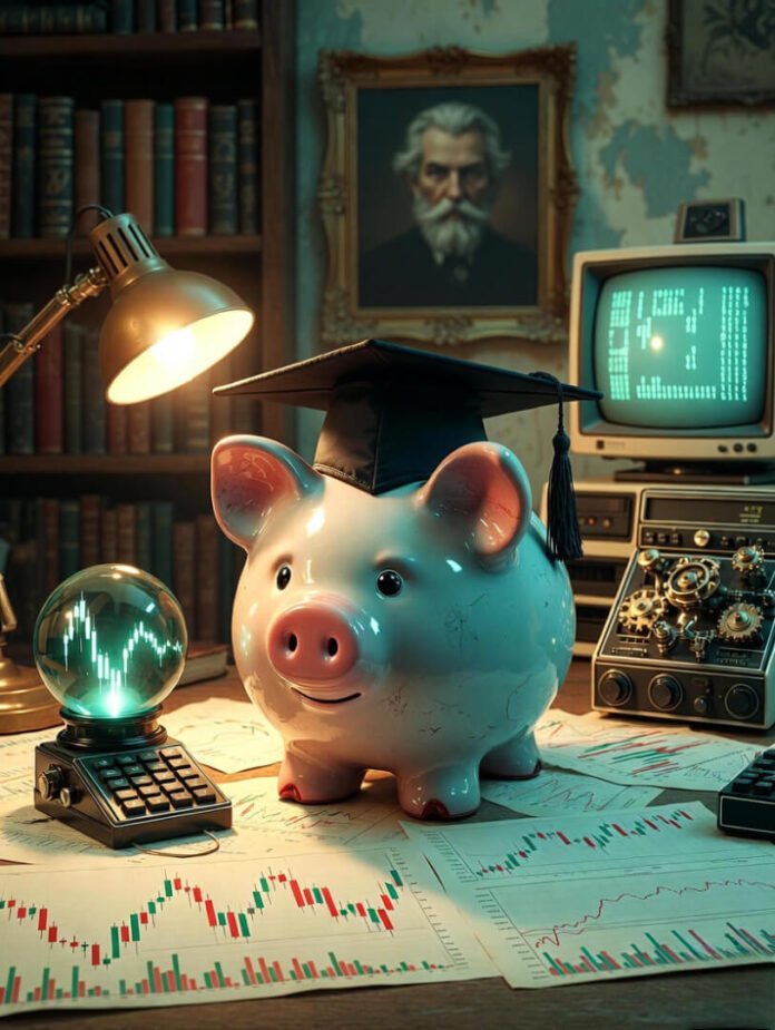 a cluttered wooden desk with scattered financial charts and a classic piggy bank wearing a tiny graduation cap,