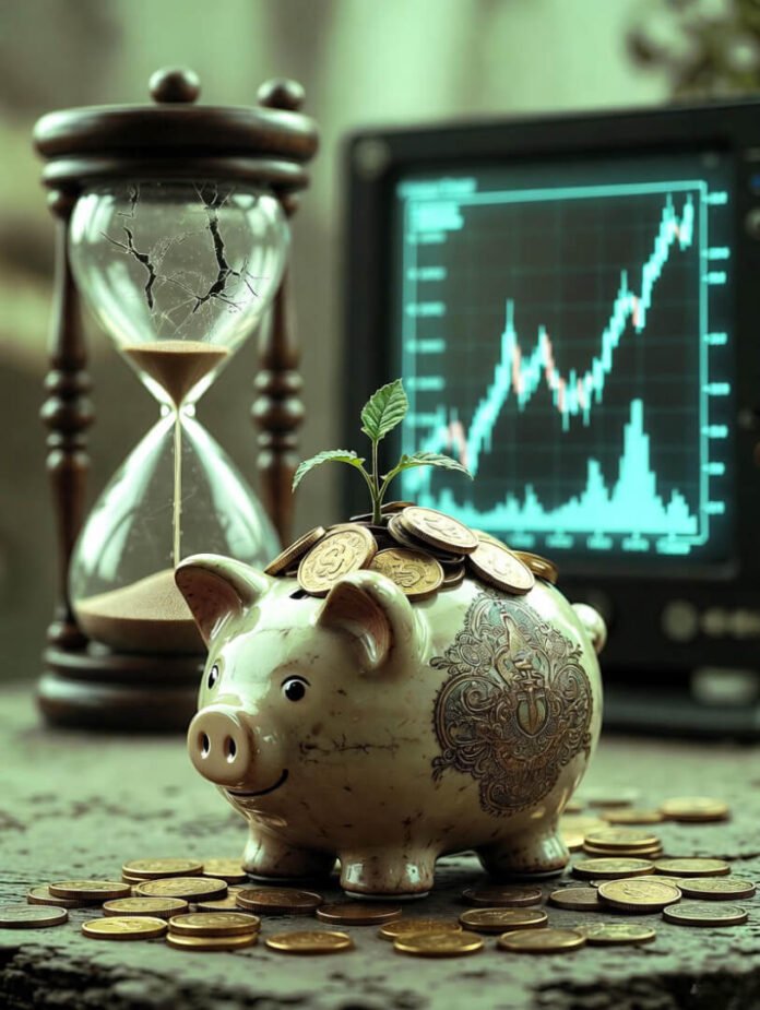 a vintage piggy bank overflowing with gold coins and tiny sprouting plants growing from the stacks,